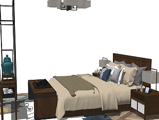 新中式实木双人床书桌椅su模型，实木双人床skp模型下载