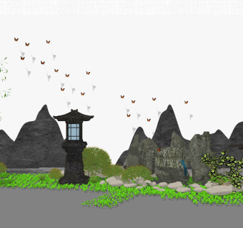 中式枯山水园艺小品草图大师模型，枯山水园艺小品sketchup模型下载