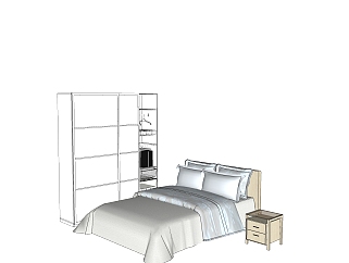 欧式双人床衣柜免费su模型，双人床加衣柜sketchup模型下载