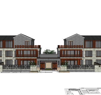 新中式别墅建筑，连排叠加别墅，SU模型免费下载