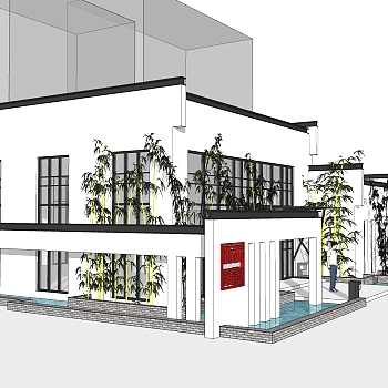 新中式售楼处建筑方案草图大师模型，建筑构件sketchup模型免费下载