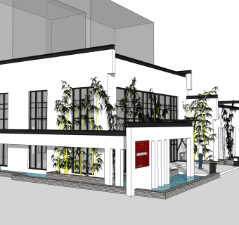 新中式售楼处建筑方案草图大师模型，建筑构件sketchup模型免费下载