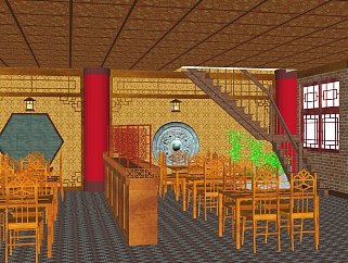 <em>中国风餐厅</em>一楼大厅草图大师模型，餐厅一楼大厅...