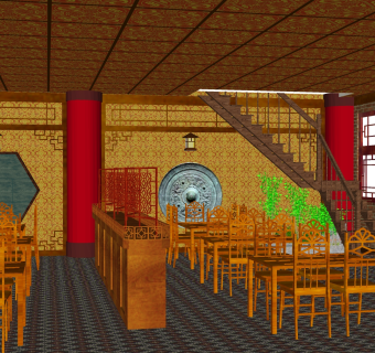 中国风餐厅一楼大厅草图大师模型，餐厅一楼大厅sketchup模型免费下载