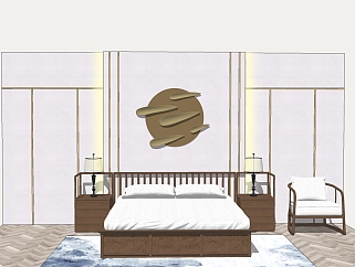 新中式实木双人床su模型，双人床sketchup模型下载