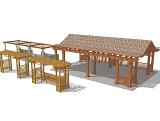 东南亚景观实木廊架组合草图大师模型，景观实木廊架组合sketchup模型下载