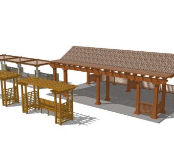 东南亚景观实木廊架组合草图大师模型，景观实木廊架组合sketchup模型下载