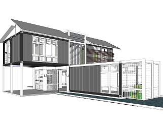 工业风集装箱住宅su模型下载，住宅外观草图大师模型分享