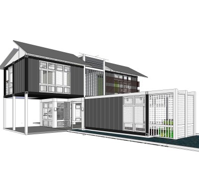 工业风集装箱住宅su模型下载，住宅外观草图大师模型分享