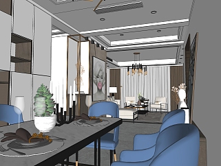 现代轻奢客餐厅su模型，客餐厅沙发桌椅组合sketchup模型下载
