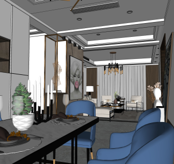 现代轻奢客餐厅su模型，客餐厅沙发桌椅组合sketchup模型下载