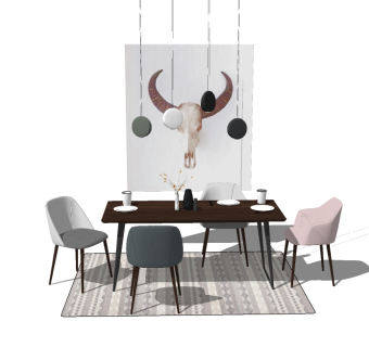 现代餐桌组合草图大师模型，餐桌su模型下载