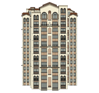 西班牙风格高层住宅楼草图大师模型，住宅楼su模型下载
