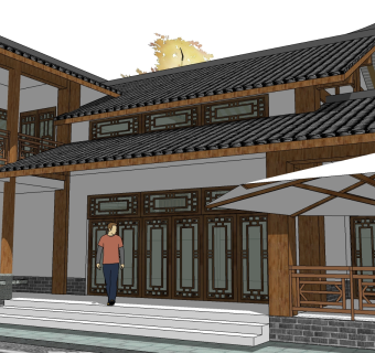 中式别墅庭院su模型下载、中式别墅庭院草图大师模型下载