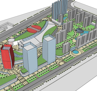 现代城市全景免费su模型下载、城市全景规划草图大师模型下载