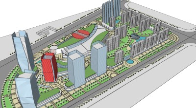 现代城市全景免费su模型下载、城市全景规划草图大师模型下载