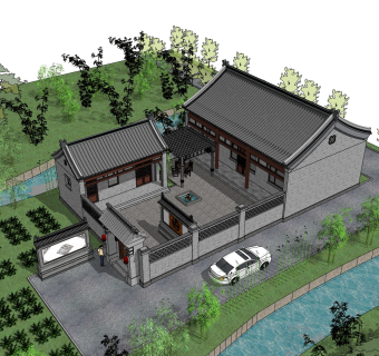 中式别墅建筑草图大师模型，古建民俗sketchup模型免费下载
