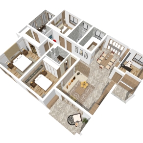 现代四室两厅户型住宅透视草图大师模型，四室两厅户型住宅透视sketchup模型下载