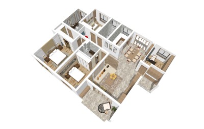 现代四室两厅户型住宅透视草图大师模型，四室两厅户型住宅透视sketchup模型下载