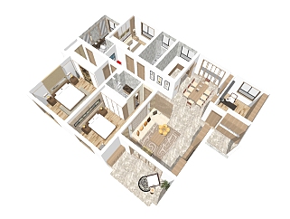 现代四室两厅户型住宅透视草图大师模型，四室两厅户型住宅透视sketchup模型下载