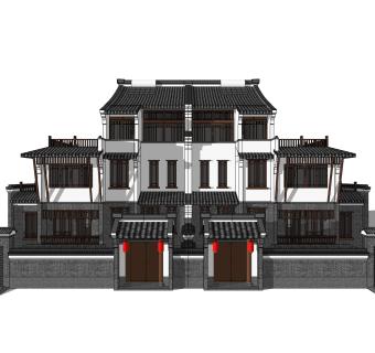 中式联排别墅建筑草图大师模型，古建民俗sketchup模型免费下载