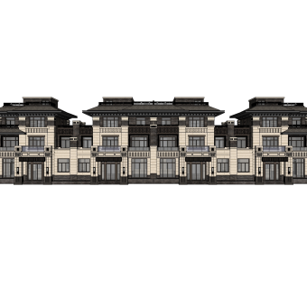 中式联排别墅su模型，别墅草图大师模型下载