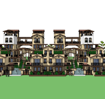 欧式连排别墅草图大师模型，别墅sketchup模型免费下载