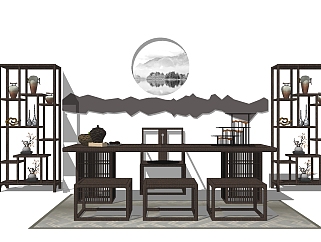 中式茶桌椅su模型，茶桌sketchup模型下载