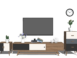 北欧实木电视柜组合sketchup模型，电视柜草图大师模型下载