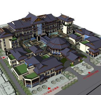 新中式花园酒店草图大师模型，花园酒店sketchup模型免费下载