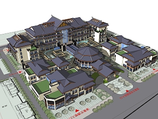 新中式花园酒店草图大师模型，花园酒店sketchup模型免费下载