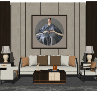 新中式沙发组合草图大师模型，沙发茶几组合sketchup模型下载