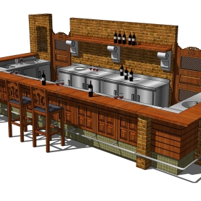 工业风酒吧吧台su模型，开放式吧台吧台椅草图大师模型下载