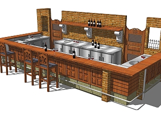 工业风酒吧吧台su模型，开放式吧台吧台椅草图大师模型下载