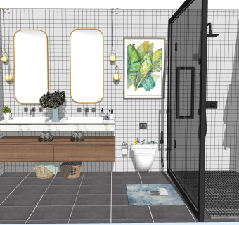 精品北欧卫生间马桶淋浴组合su模型下载