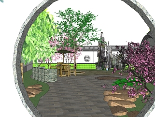 现代中式庭院景观草图大师模型,su环境素材