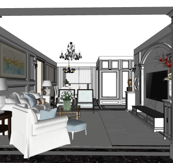 欧式客厅su模型，客厅sketchup 模型下载