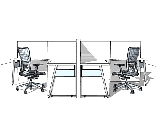 白色风格职工办公桌SU模型，办公桌skp模型下载