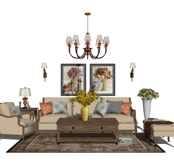 美式沙发组合su模型，沙发茶几组合skp模型下载