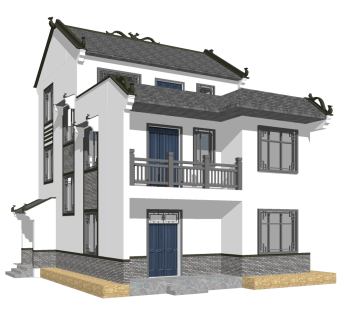 新中式独栋别墅草图大师模型，独栋别墅sketchup模型免费下载