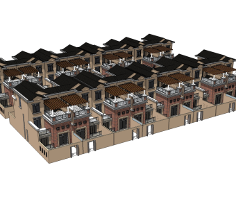 欧式联排别墅sketchup模型，别墅skp模型下载