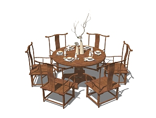 中式<em>实木</em>餐桌椅组合su模型，餐桌sketchup模型下载