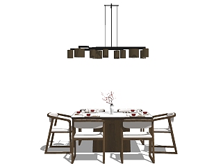 新中式餐桌椅组合su模型，餐桌椅skp模型下载