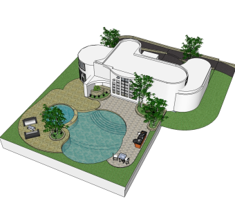 现代欧式泳池别墅草图大师模型，别墅SU模型下载