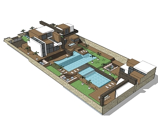 欧式独栋泳池别墅草图大师模型，别墅SU模型下载