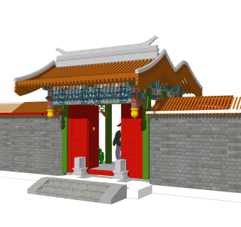 中式院门院墙草图大师模型，院门院墙sketchup模型免费下载