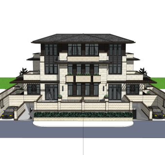 中式联排别墅su模型，别墅skp模型下载