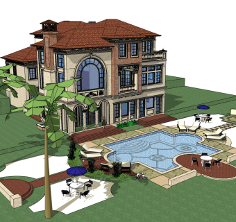 现代欧式泳池别墅草图大师模型，别墅SU模型下载