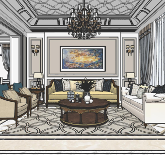 简欧客餐厅su模型，客餐厅沙发桌椅茶几sketchup模型下载