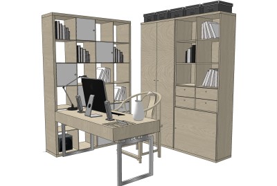 新中式实木书桌椅书柜免费su模型，书桌椅组合sketchup模型下载